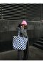 Cobalt Blue Checkerboard Patterned Oversize Canvas Tote Bag - 5