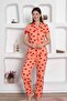 Front Buttoned Women's Pajama Set - Salmon Heart Patterned Combed Cotton 2783Ky