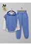 Hooded Three-Thread Ruffled Pants Set - Blue