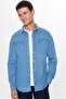 Men's Slim Fit Slim Fit Long Sleeve Double Pocket Flap Piece Stitching Blue Denim Shirt