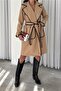 Women's Brown Belted Embroidered Double Pocket Stamp Coat - 4