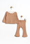 Girl's Buttoned Cardigan and Spanish-Cut Leggings Cotton Top and Bottom Set in Tan - 2