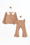 Girl's Buttoned Cardigan and Spanish-Cut Leggings Cotton Top and Bottom Set in Tan