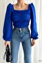 Navy Blue Front Drape Detail Crepe Fabric Long Sleeve Blouse
