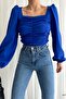 Navy Blue Front Drape Detail Crepe Fabric Long Sleeve Blouse - 3