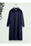 Long Combed Cotton Tunic - Hooded, Slit and Double Pockets - Navy