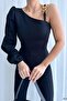 Black Single Sleeve Chain Detail Crepe Fabric Blouse - 4