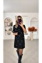 Black Shiny Stone Faux Suede Dress