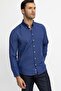 Classic Fit Long Sleeve Oxford Texture Collar Buttoned Pocket Embroidered Men's Indigo Shirt