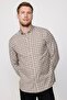 Classic Fit Long Sleeve Button Down Collar Small Checkered Cotton Men's Beige Shirt