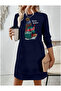 Women's Long Sleeve Crew Neck Print Viscose Two Thread Dress - 2