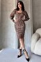 Women's U-Neck Balloon Long Sleeve Leopard Print Short Dress Beige