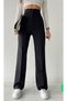 Black High Waist Ribbed Stitching Recovery Palazzo Women's Pants - 3