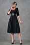 Crepe Fabric Window Collar Midi Length Black Evening Dress with Belt 075 - 6