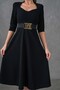 Women's Design Crepe Fabric Belted Window Collar Midi Length Black Evening Dress 075 - 2