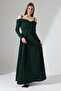 Emerald Green Thin Straps Long Sleeve Slit Detail Maxi Length Imported Crepe Fabric Dress - 5