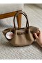 Mini Size Dark Mink Women's Shoulder Bag with Front Lock Detail - 2