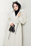 Hooded Drawstring Waist Cashmere Coat Ecru Hm2604 - 7