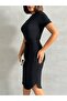 Women's Black Crew Neck Short Sleeve Camisole Viscose Dress with Belt