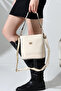 Cream Bucket Model Printed-Textured Women's Bag Single-Compartment Crisscross Straps Shoulder and Clutch Bag Stylish Modern - 2