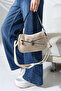 Cream Suede Soft Textured Zipper Detailed Cross Strap Shoulder and Hand Bag Stylish Modern Design - 5