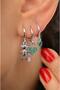 3-Piece Earring Set with Emerald Green Stone, Teddy Bear and Heart Figure, Silver Color