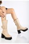 Women's Genuine Leather Buckle Platform Thick Heeled Boots - Beige