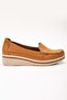 Genuine Leather Women's Loafer - Comfortable Wedge Heel, Saddled, Tan - 2