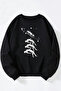 Black Pull-To-Hole Printed Women'S/Men's Black Crew Neck Cotton Sweatshirt
