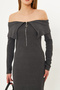 Women's Anthracite Off-Shoulder Front Zip Slit Midi Length Knitwear Dress Arm-25K 001089 - 4