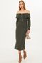Women's Khaki Off-Shoulder Front Zip Slit Midi Length Knitwear Dress Arm-25K 001089