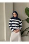 Women's Button Detailed Striped Skirt Top Knitwear Cardigan Dark Blue Hijab Knitwear Stripe Short Cardigan