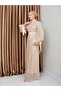Sleeveless Bow Detailed Sequin Hijab Evening Dress Beige 1222 - 6