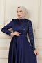 Satin Evening Dress with Flywheel and Sequin Detail, NAVY BLUE 1626 - 5