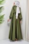 Satin Evening Dress with Spread Stone Detail on the Front and Sleeves LIGHT GREEN 1658 - 5