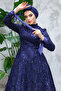 Sequin Beading Embroidered Navy Blue Hijab Evening Dress 4908L - 3