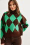 Women's Green Turtleneck Diamond Pattern Oversize Knitwear Sweater Kzk- 19000941 - 4