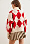 Women's Red Turtleneck Diamond Pattern Oversize Knitwear Sweater Kzk- 19000941 - 5