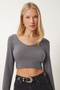 Women's Dark Gray V Neck Crop Blouse Ub00171 - 2