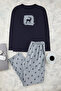 Lacivert Geyik Baskılı Regular Fit Örme Pijama Takımı TMNAW25PT00040 - 6