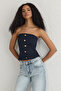 Lacivert Yumuşak Hissiyatlı Straplez Crop Dokuma Bluz TWOSS25BZ00102