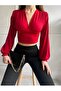 Women's Lycra Micro Fabric Red Body Balloon Long Sleeve Crop Chest Low-Cut Body