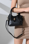 Black Medium Size Women's Bag with Gold Snap Button Detail - Shoulder and Handbag - Stylish and Modern Design - 7