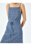 Floral Patterned Flounced Waist Lace-Up Midi Dress with Rope Strap Bürümük - 5