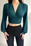 Women's Emerald Green V-Neck Gathered Balloon Sleeve Blouse - 2
