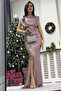 Women's Stand Collar Sash Detail Slit Sequin Sequin Evening Dress Navy Blue, Black, Plum, Powder - 5