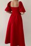 Women's Atlas Fabric Strapless Collar Pleated Flared Cut Midi Length Short Balloon Sleeve Red Evening Dress 167 - 2