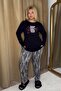 Women's Plus Size Letter Printed Long Sleeve Button Detailed Black Striped Pajamas Set