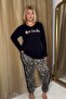 Women's Plus Size Letter Printed Long Sleeve Button Detailed Zebra Print Black Pajamas Set