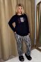 Women's Plus Size Letter Printed Long Sleeve Button Detailed Black Striped Pajamas Set - 2